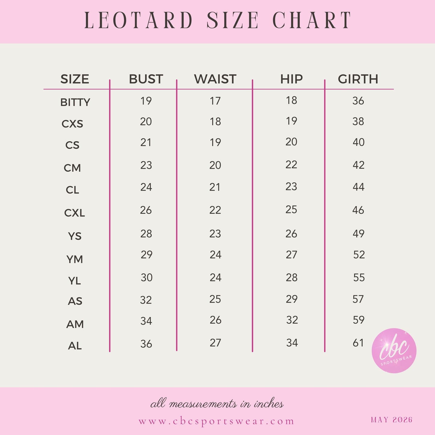 Gymnastics leotard size chart for cbcsportswear youth sizing