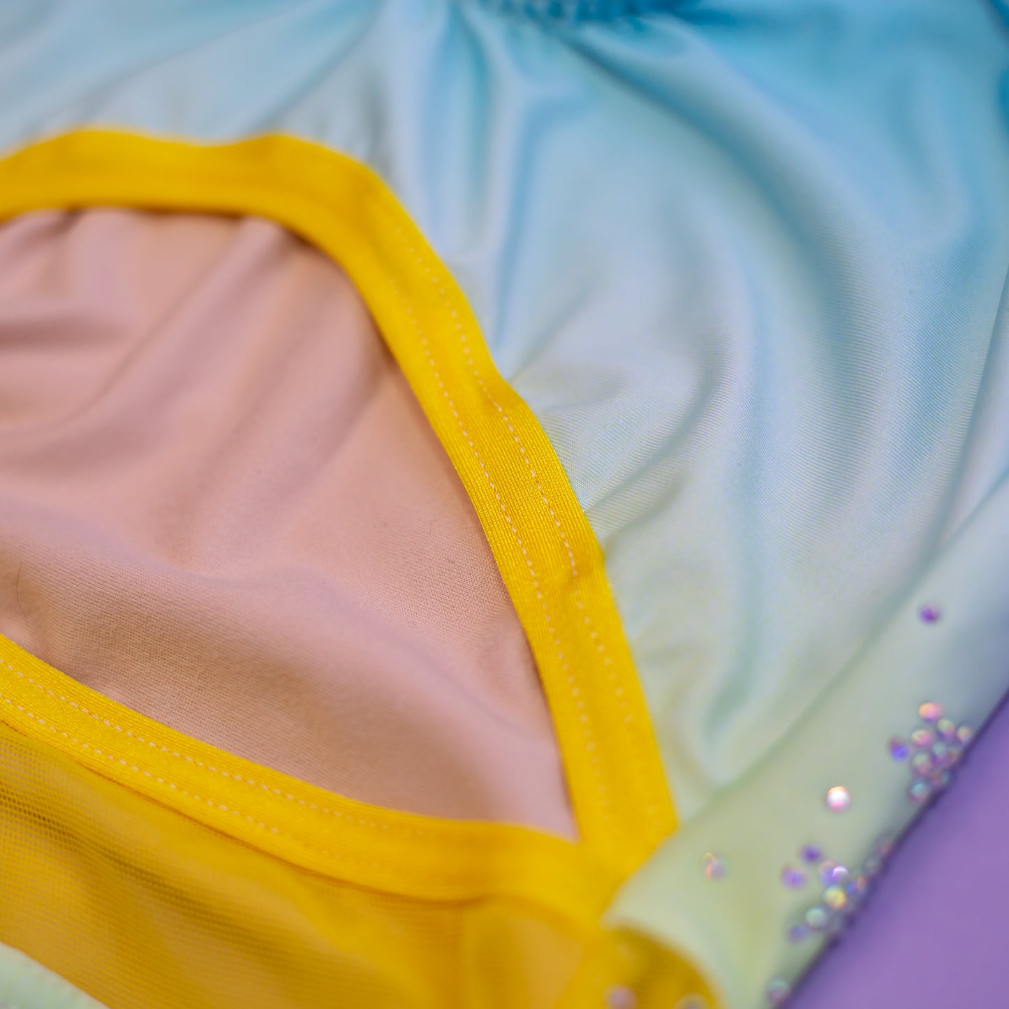 Gold mesh cutout waist panel on starlight rhinestone leotard, cbcsportswear