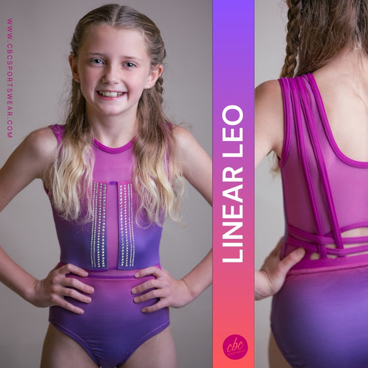Purple and pink Linear Leo gymnastics leotard for girls by cbcsportswear. Features sparkling linear design on the front and stylish strappy back. Made from high-quality, comfortable fabric, perfect for young gymnasts