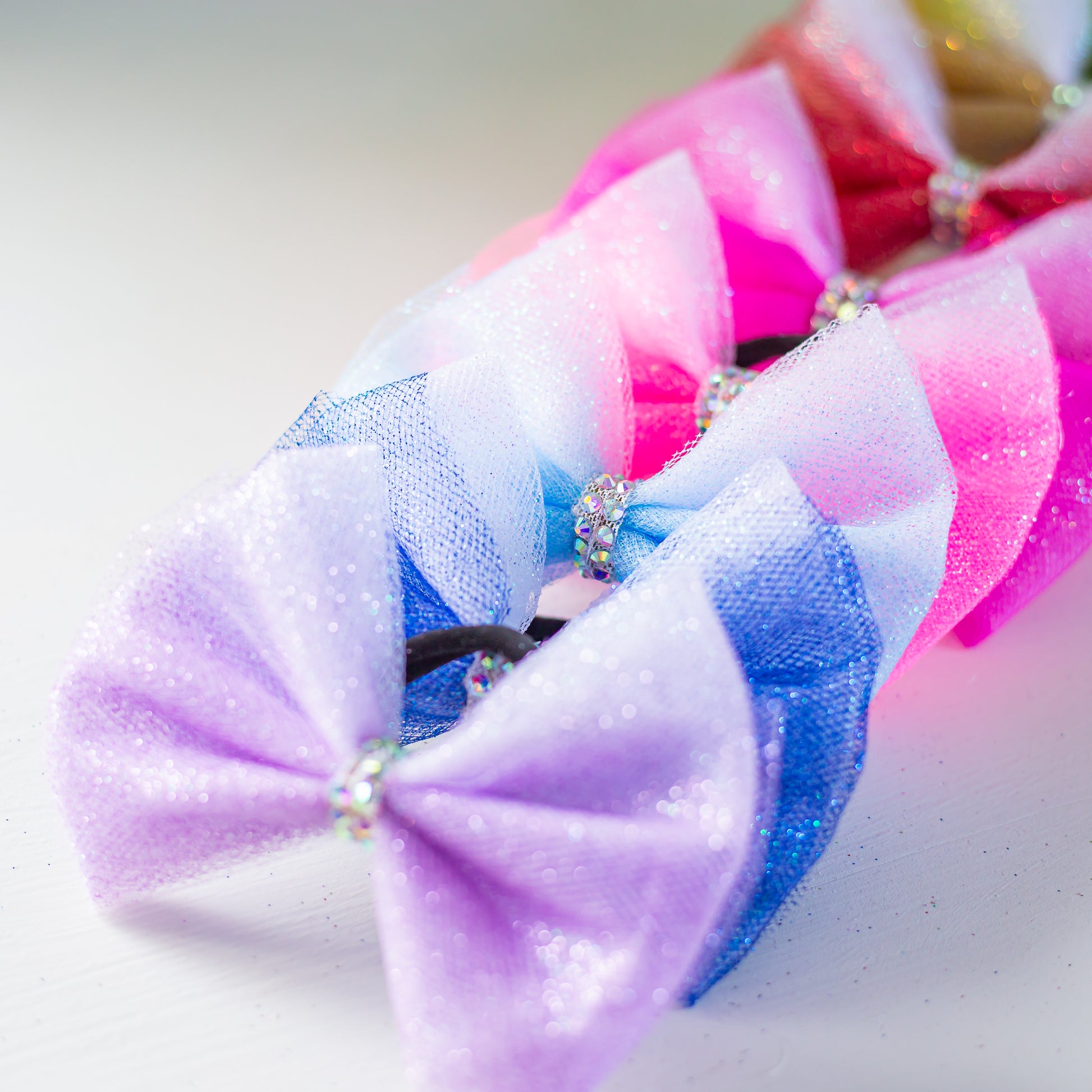 Glitter ombre tulle hair bow for gymnastics competition, cbcsportswear