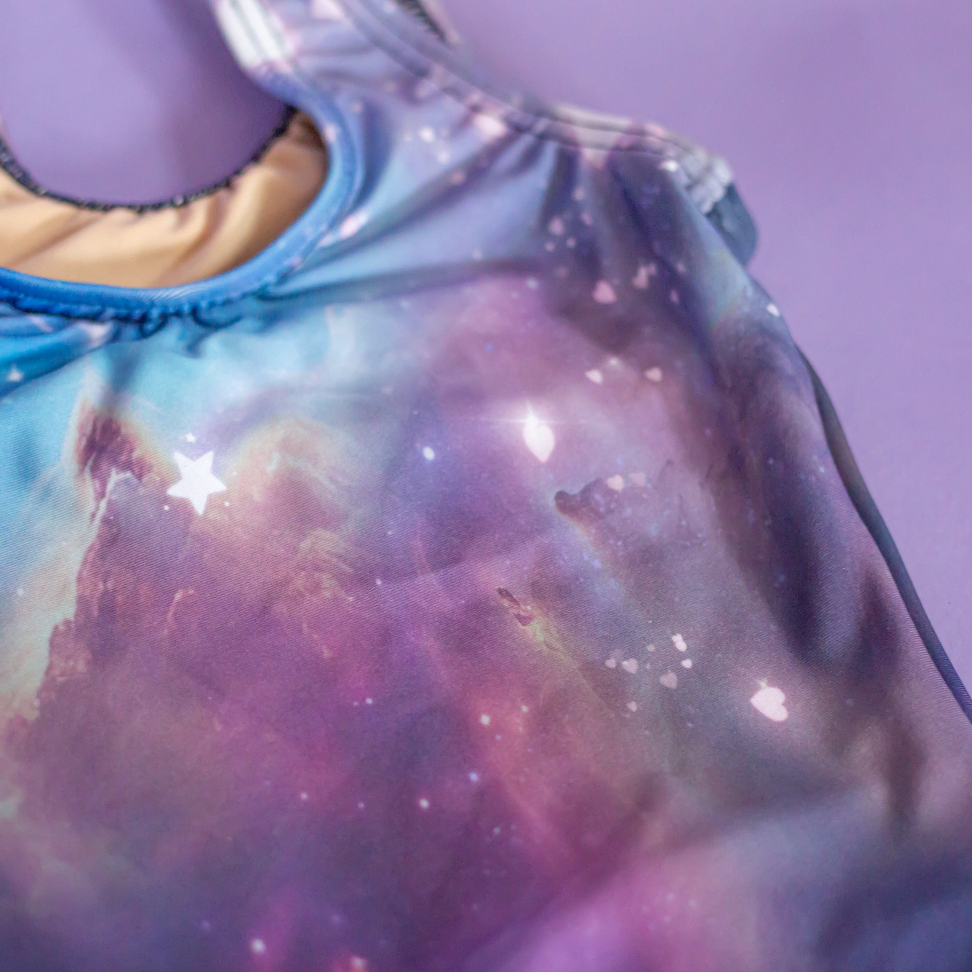 Celestial personalized leotard on mannequin, name sublimated into fabric, cbcsportswear