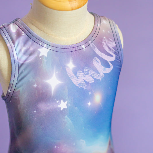 Personalized name sublimated into celestial galaxy leotard neckline, cbcsportswear
