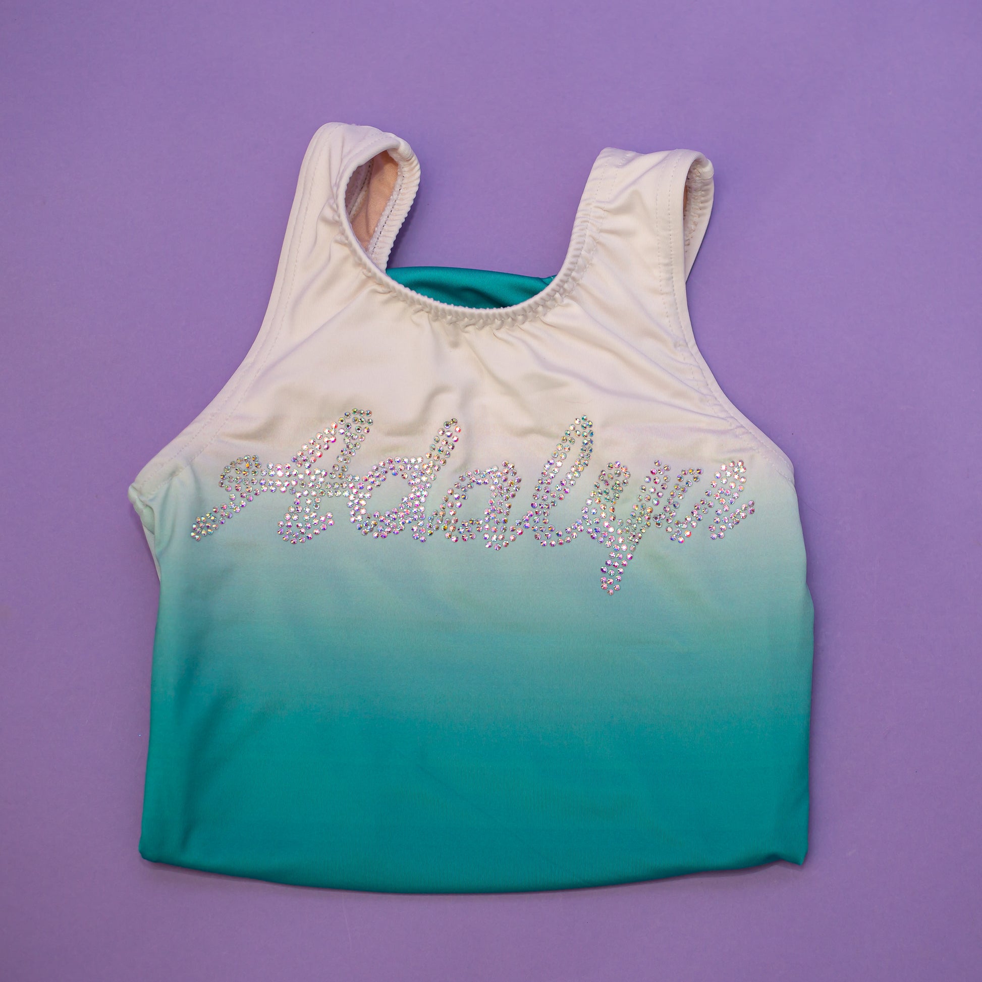 Personalized gymnastics leotard, ombre colorway with rhinestones, cbcsportswear