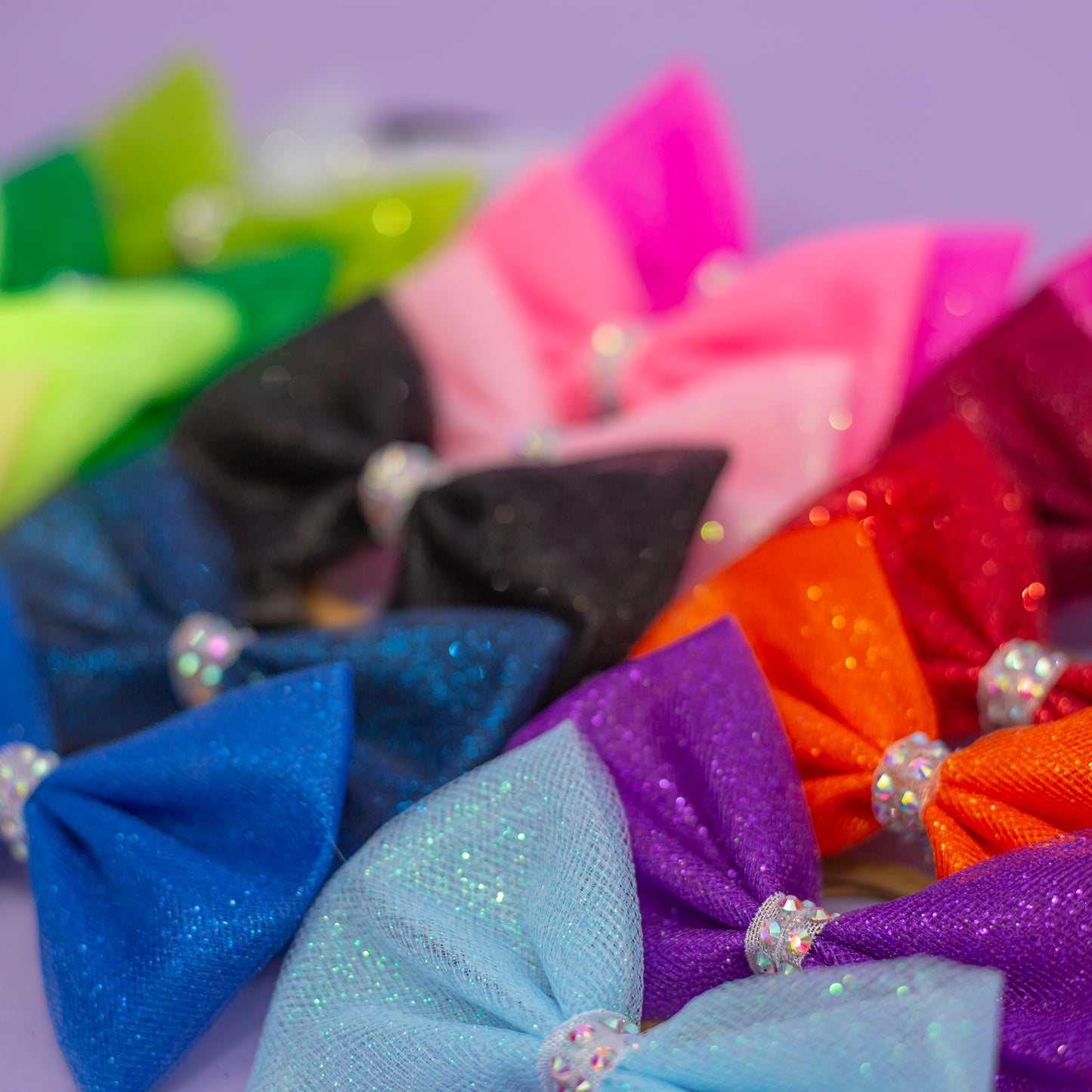 Gymnastics hair tie bow with glitter tulle and rhinestone center, cbcsportswear