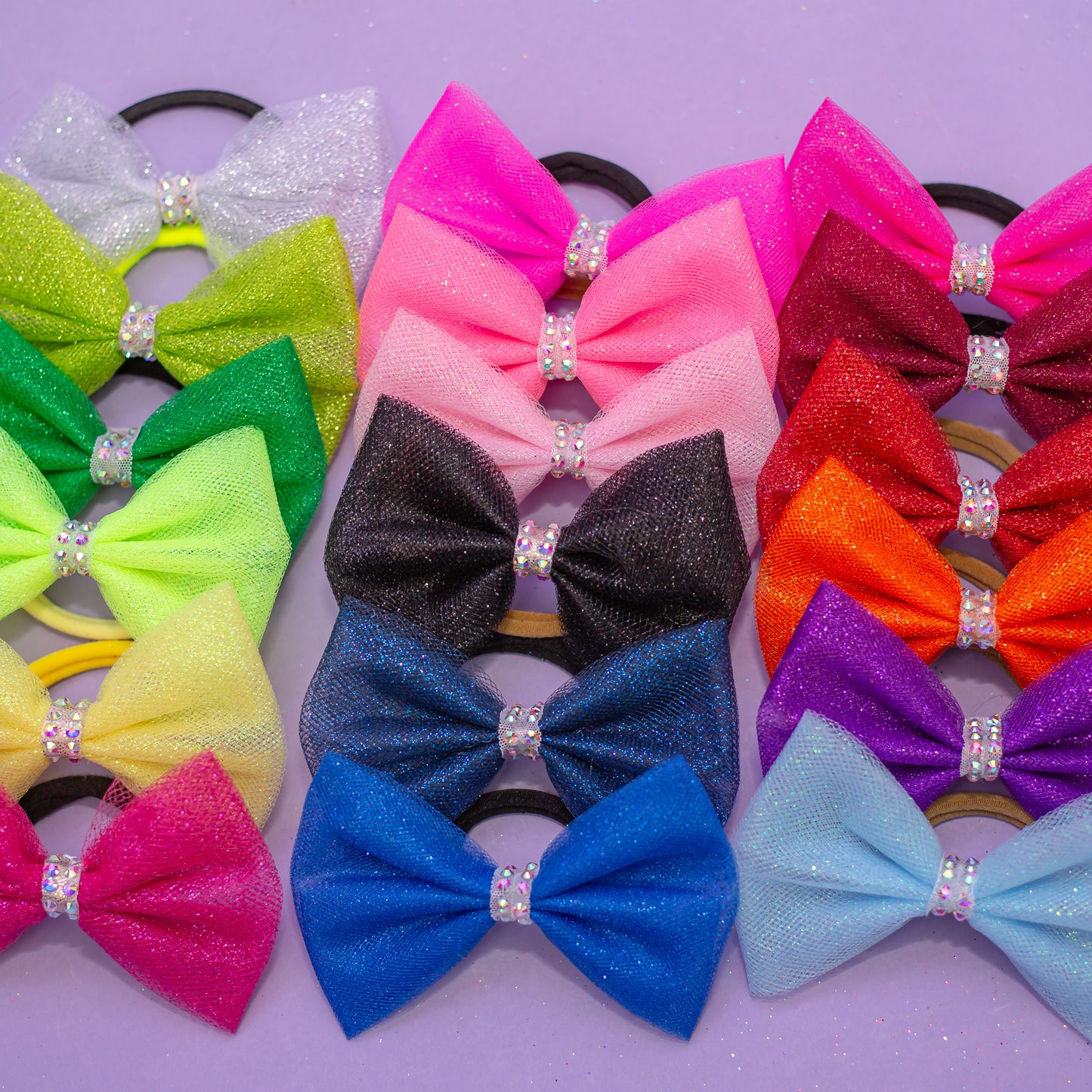Custom competition hair bow, glitter tulle and rhinestone, cbcsportswear