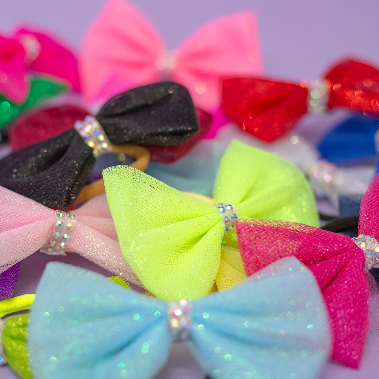 Glitter tulle rhinestone gymnastics hair bows in multiple colors, cbcsportswear