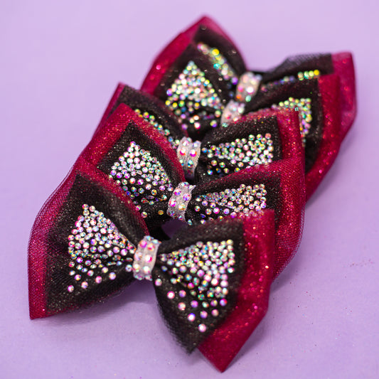 Two layer rhinestone dipped gymnastics hair bows in multiple colors, cbcsportswear