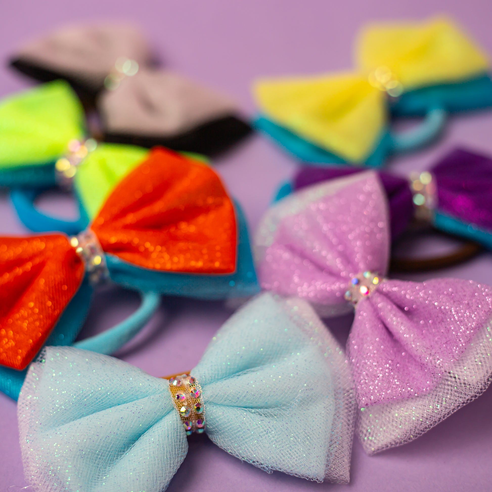 Two layer glitter tulle rhinestone gymnastics hair bow, custom colors, by cbcsportswear
