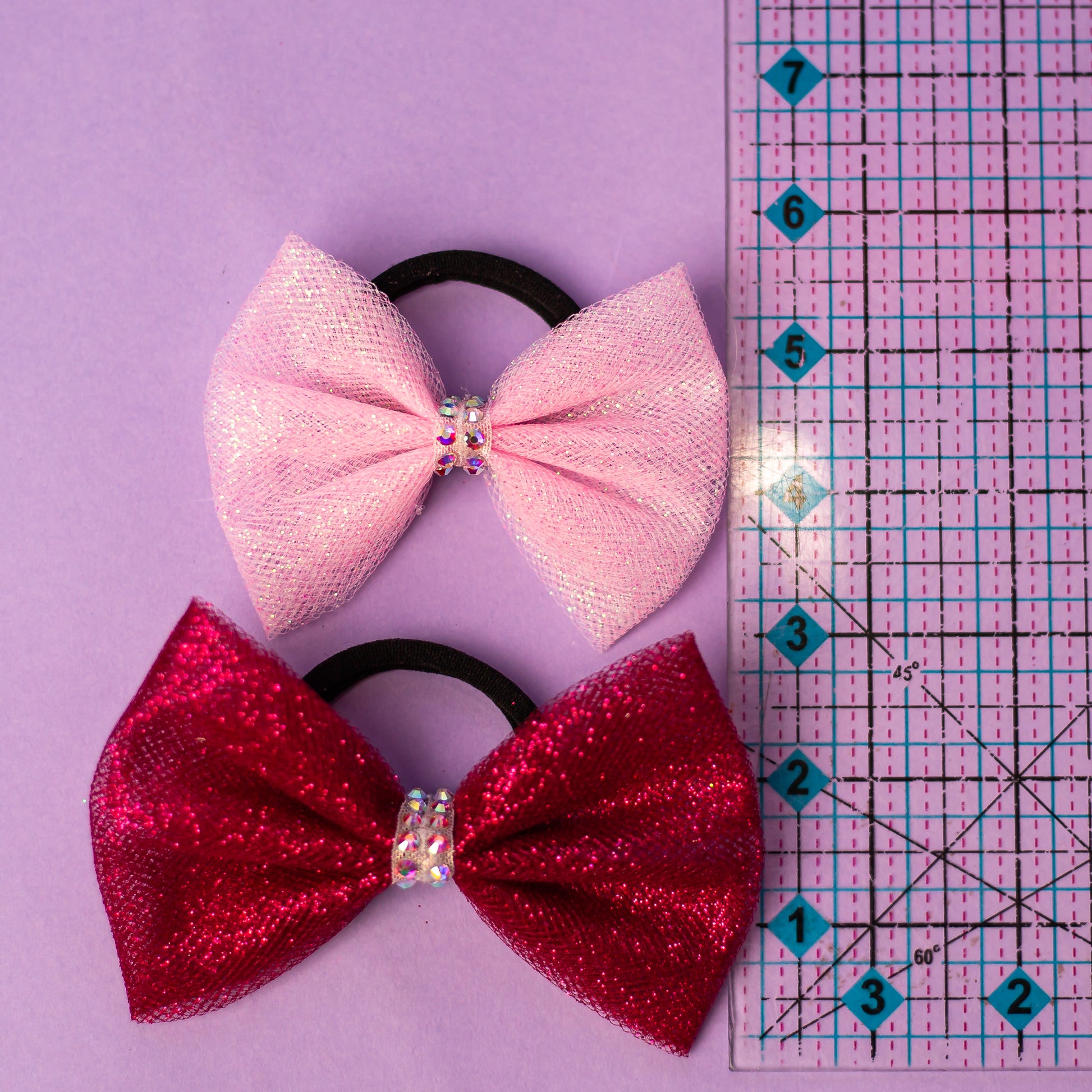 Size reference chart for glitter tulle gymnastics hair bow, Full, Small, and Pigtail sizes, cbcsportswear