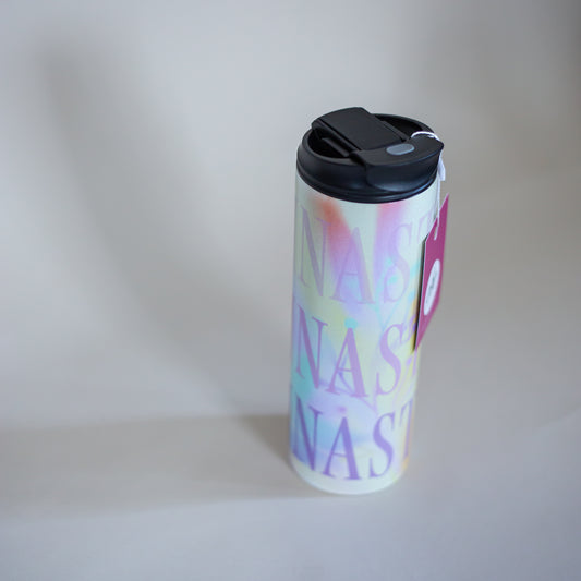 Watercolor print gymnastics tumbler by CBC Sportswear. Features a vibrant and colorful design with 'GYMNAST' text repeated in bold letters. Ideal for gymnasts to stay hydrated. Made from durable materials with a secure, easy-to-use lid.