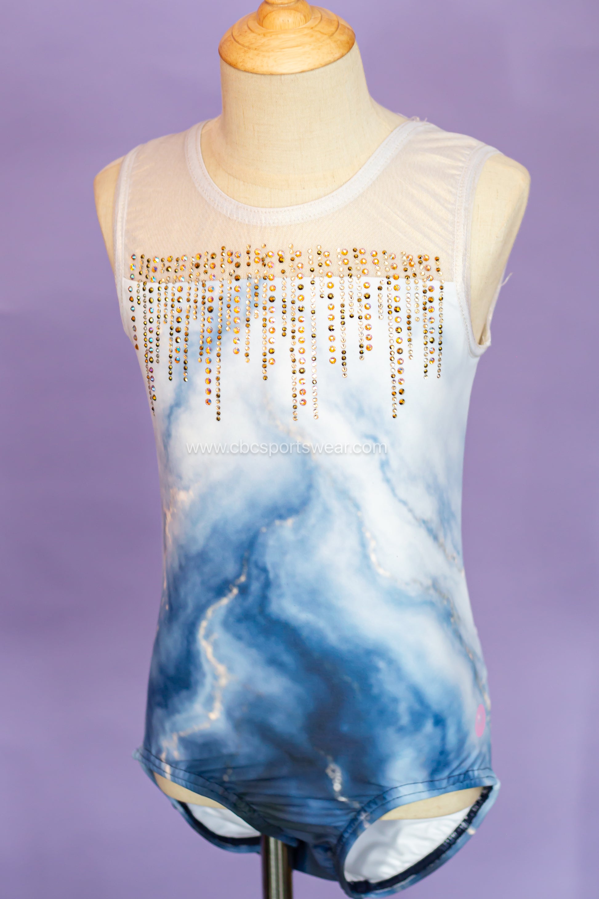 Marble twist back gymnastics leotard, gold and AB rhinestone cascade over mesh, cbcsportswear