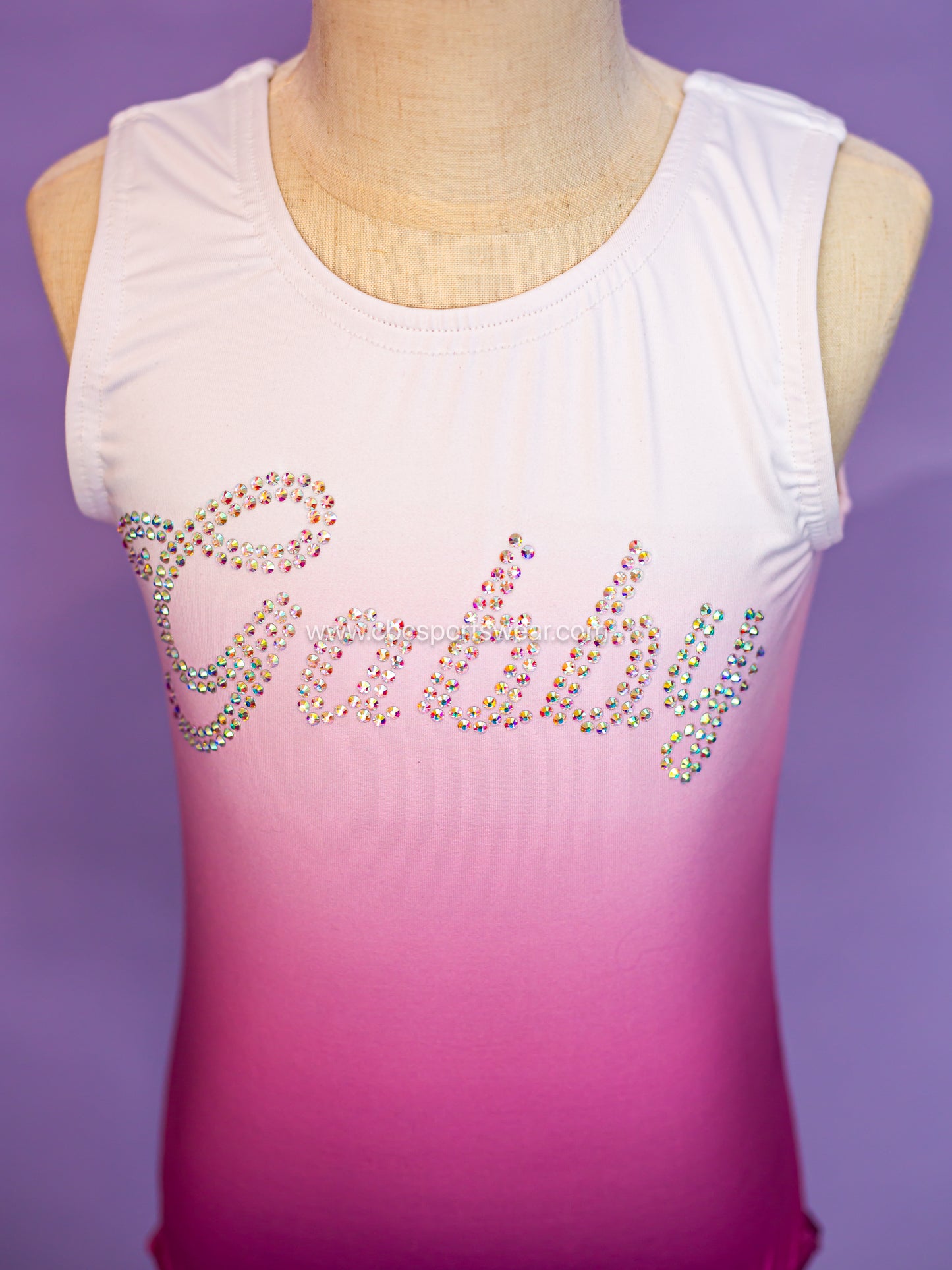 Personalized gymnastics leotard detail, ombre and rhinestones, cbcsportswear
