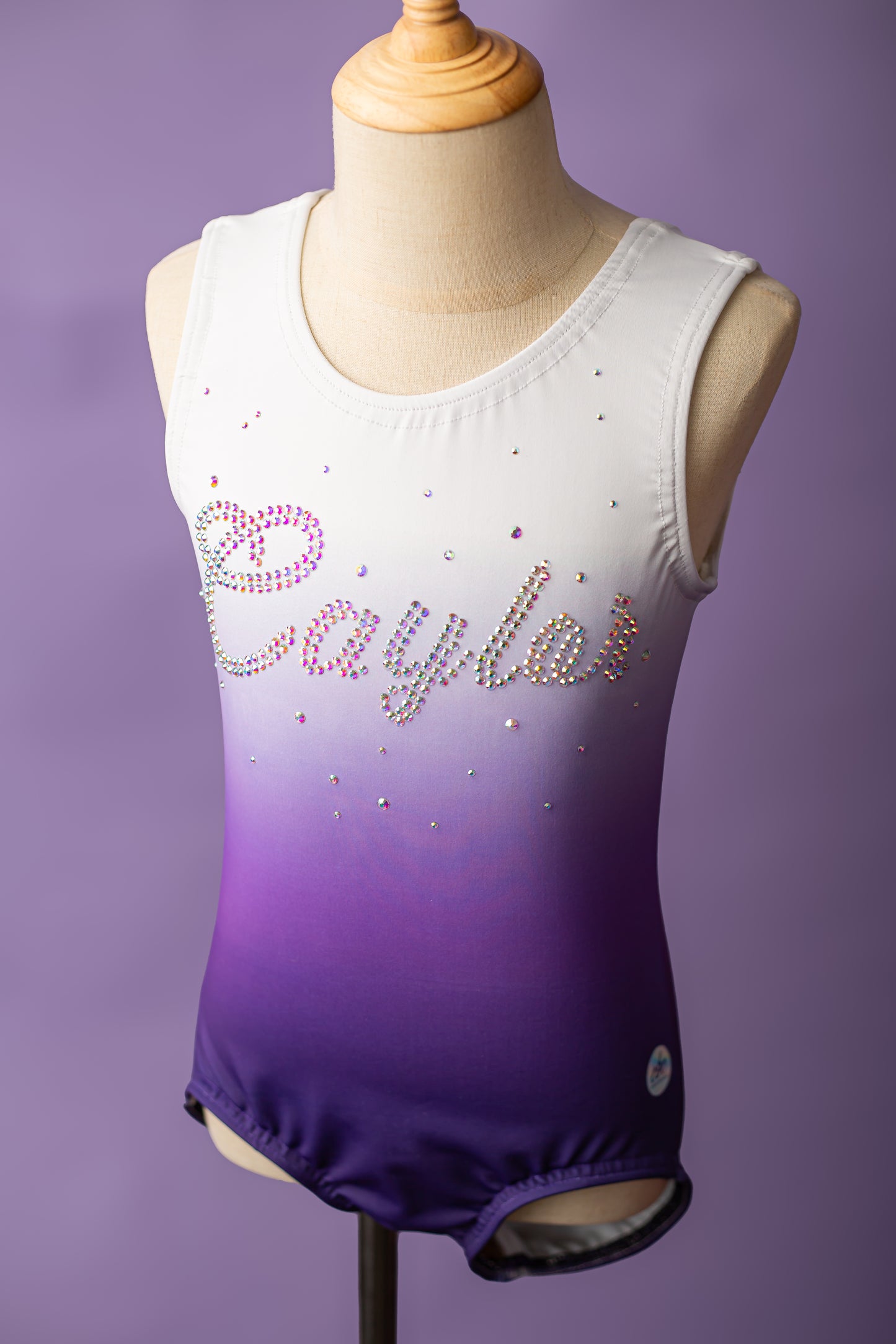 Custom name rhinestone leotard for gymnast, ombre colorway, cbcsportswear