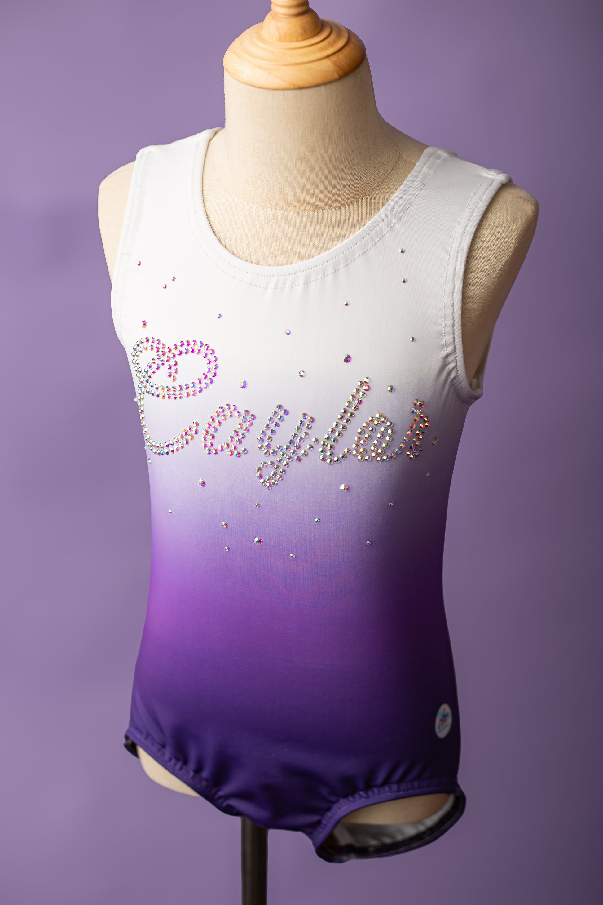 Custom name rhinestone leotard for gymnast, ombre colorway, cbcsportswear