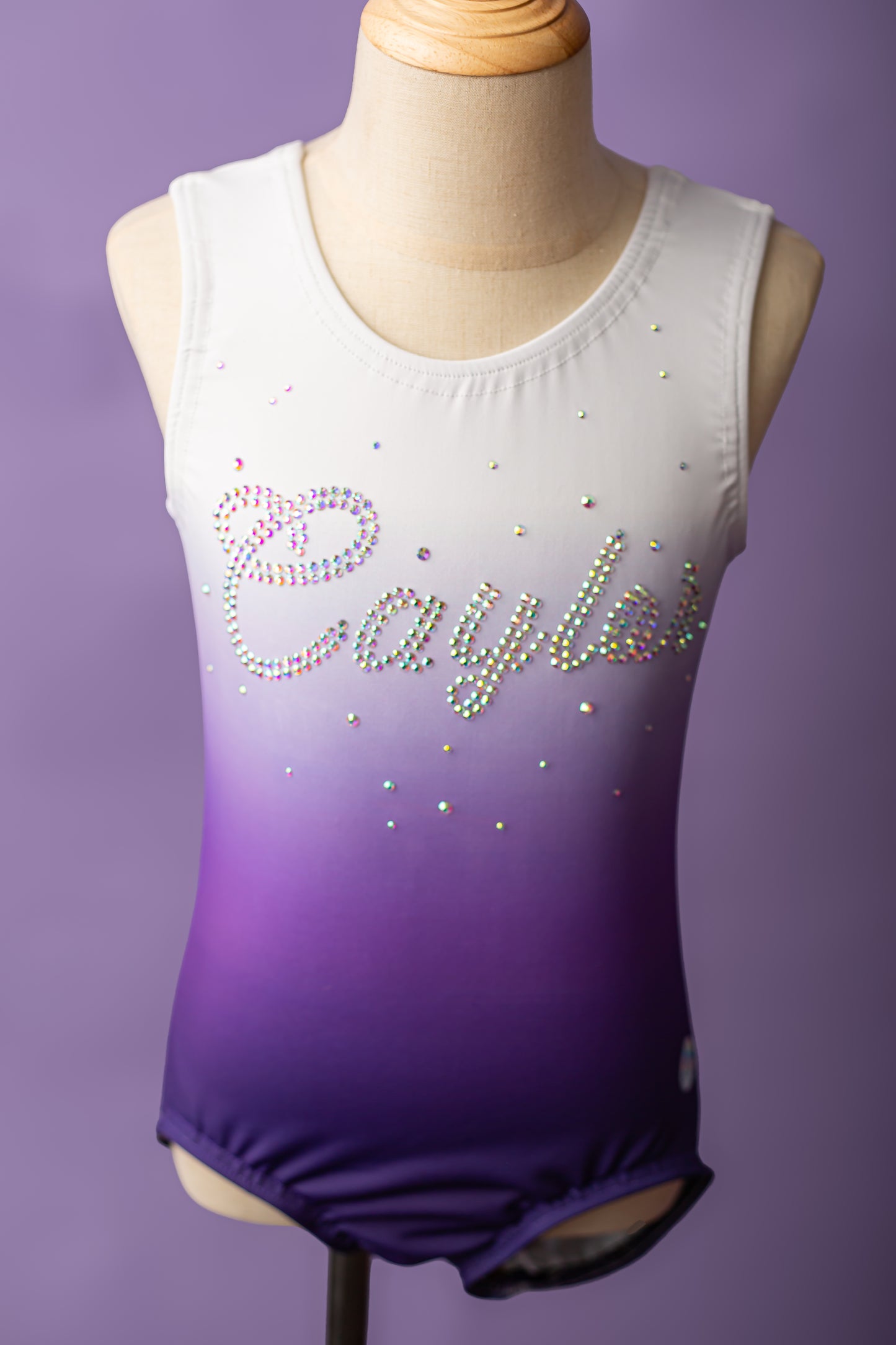 Personalized ombre leotard detail, rhinestone name, cbcsportswear