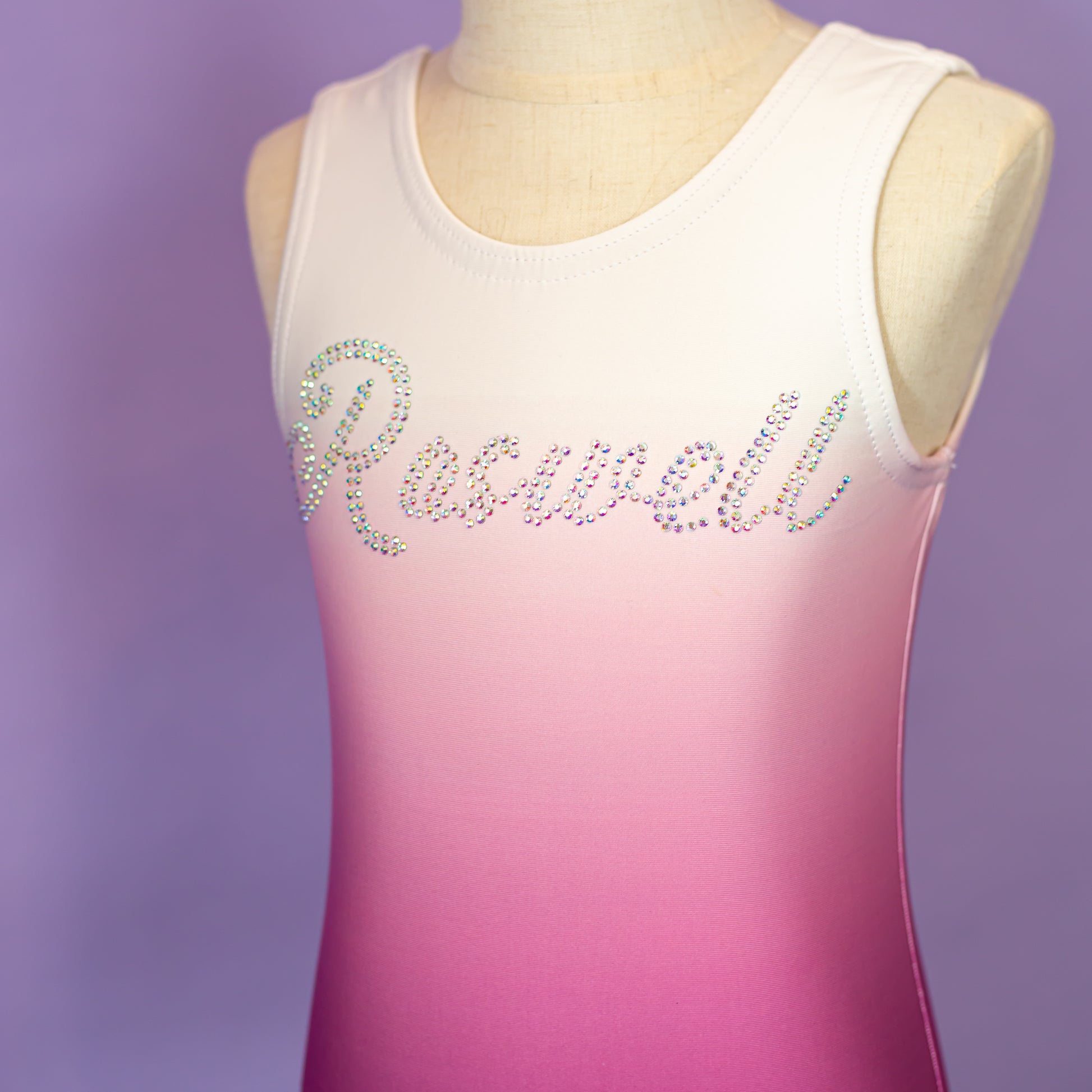 Ombre gymnastics leotard, personalized with her name, cbcsportswear