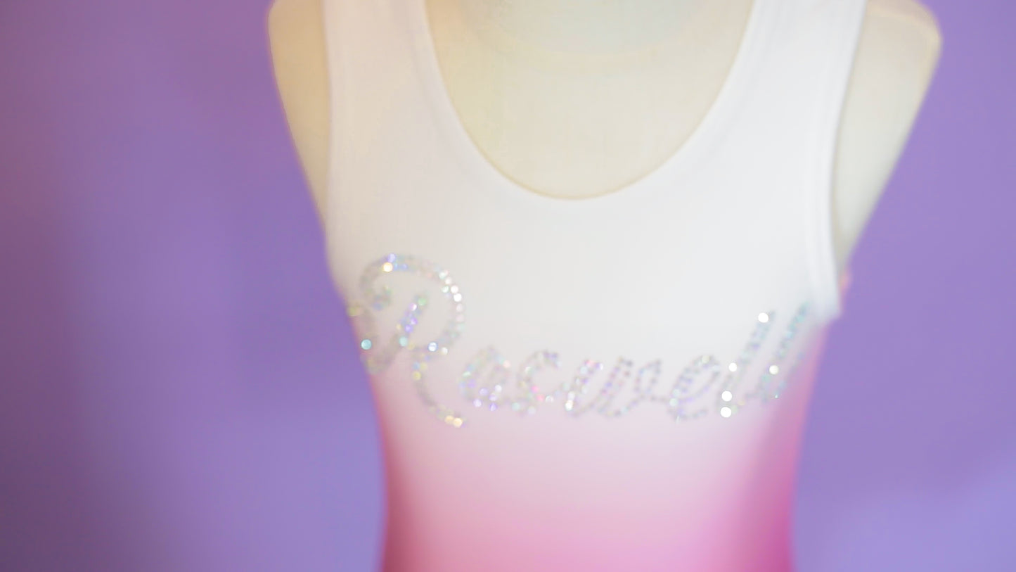 Custom gymnastics leotard, ombre colorway with rhinestone name, cbcsportswear