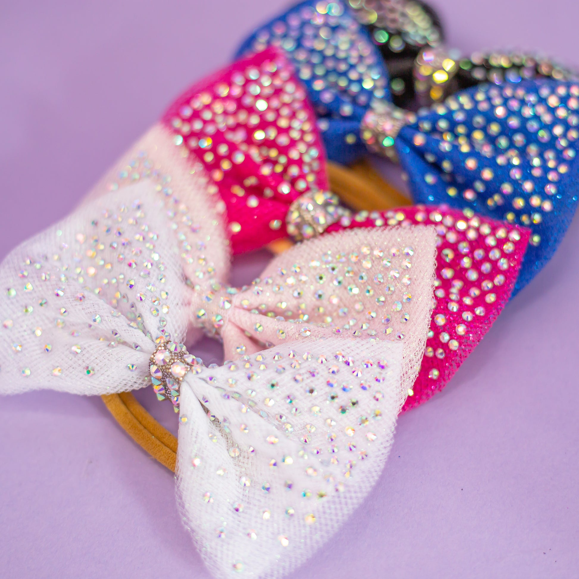 Rhinestone dipped hair bow, custom gymnastics colors, cbcsportswear